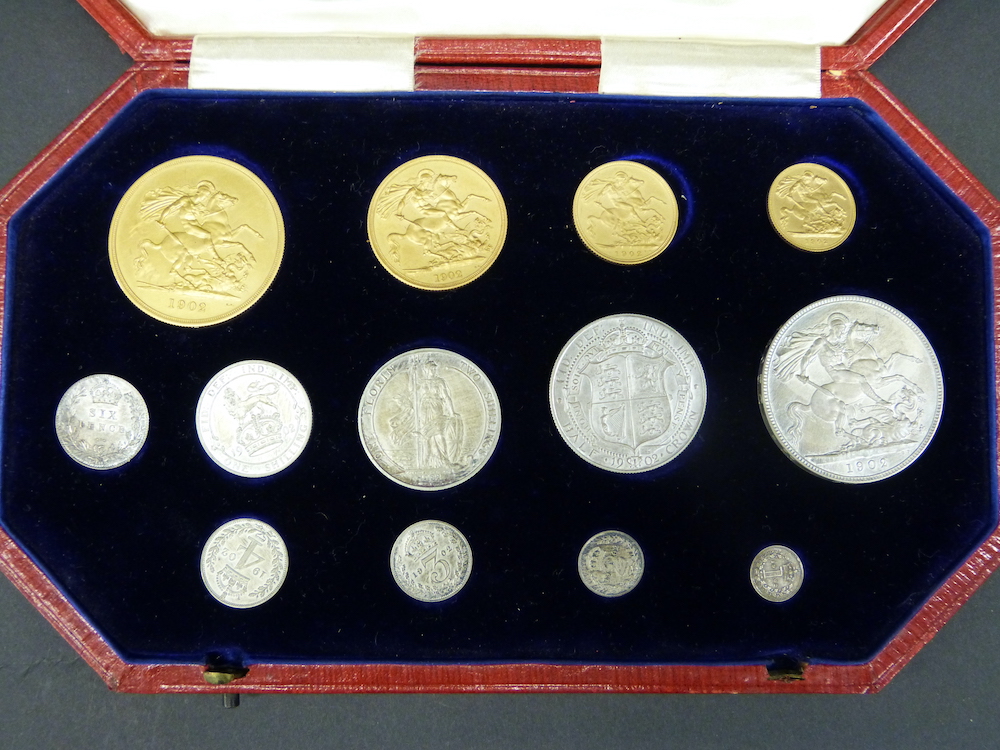 A Cased 1902 Specimen Coin Set, Including Gold Ś5 Coin, Double Sovereign, Half Sovereign, Silver Crown, Half Crown, Florin, Shilling, Six Pence And Maundy Set. Sold For Ś5,000