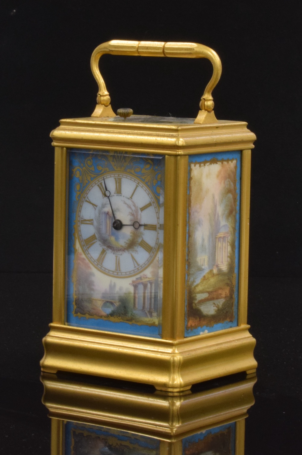 Shreve Crum & Low Of Boston Massachusetts Gilt Cased Repeater Carriage Clock With Hand Painted Porcelain Panels Sold £2,500