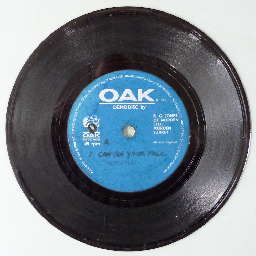 Pneumania I Can See Your Face (RGJ625) Oak Acetate. Oak Demo Disc Label With Handwritten Titles. With Letter Of Provenance And Photos Hammer £1,100